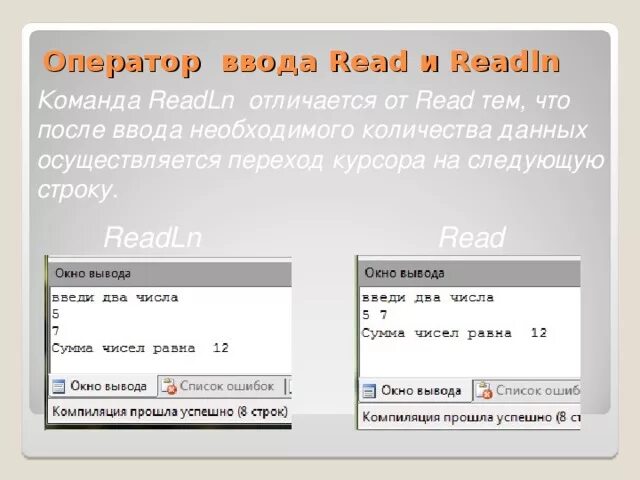 В том что выполнить данный. Команда readln. Разница между read и readln. Read и readln в Паскале разница. Команда readln в Паскале.