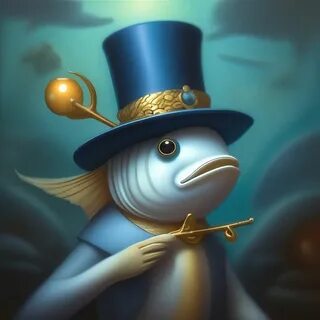 moonfish in a hat with a cane and a monocle.