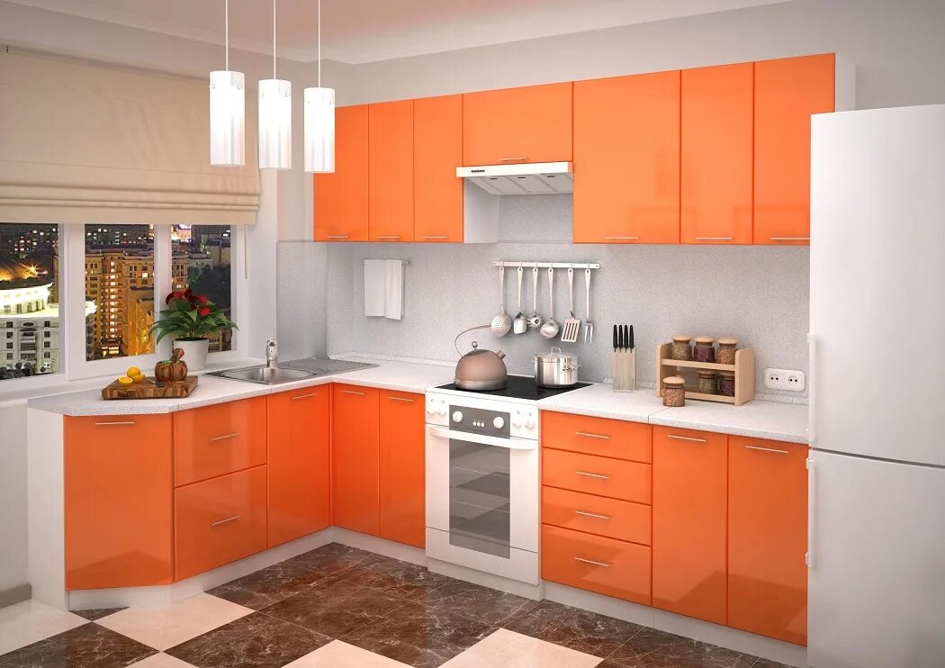 Купить кухню в москве в интернет магазине. Кухня Техно оранжевая Сурская мебель угловая.