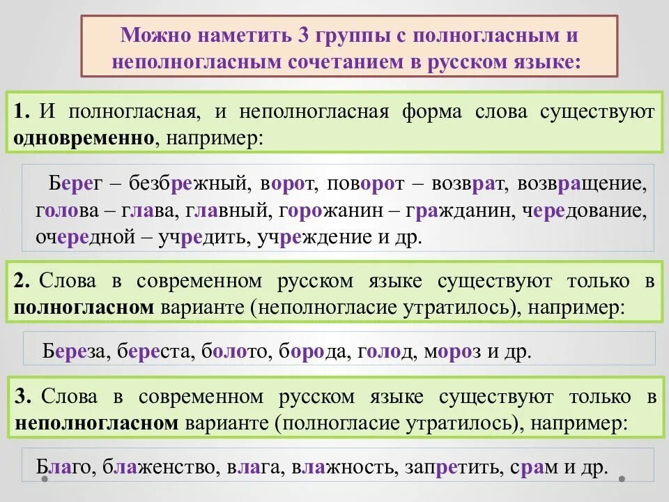 Что такое полногласие. Полногласные и неполногласные сочетания примеры. чередование полногласных и неполногласных сочетаний. чередование полногласия с неполногласием. слова с полногласными и неполногласными сочетаниями.