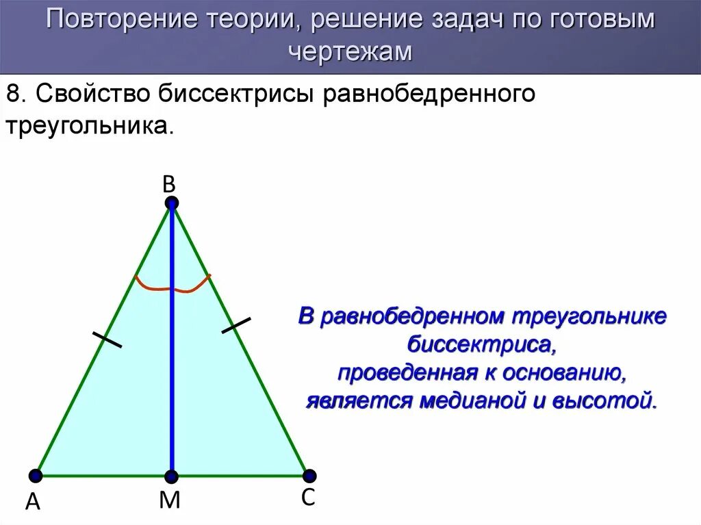Равнобедренный треугольник где высота. Биссектриса к основанию в равнобедренном треугольнике. Свойство биссектрисы равнобедренного треугольника. Медиана и биссектриса в равнобедренном треугольнике. Равнобедренный треугольник Медиана биссектриса и высота.