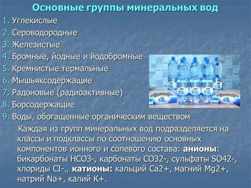 Воды используется в составе. Минеральные воды презентация. Классификация Минеральных вод. Общая характеристика воды. Доклад на тему Минеральные воды.