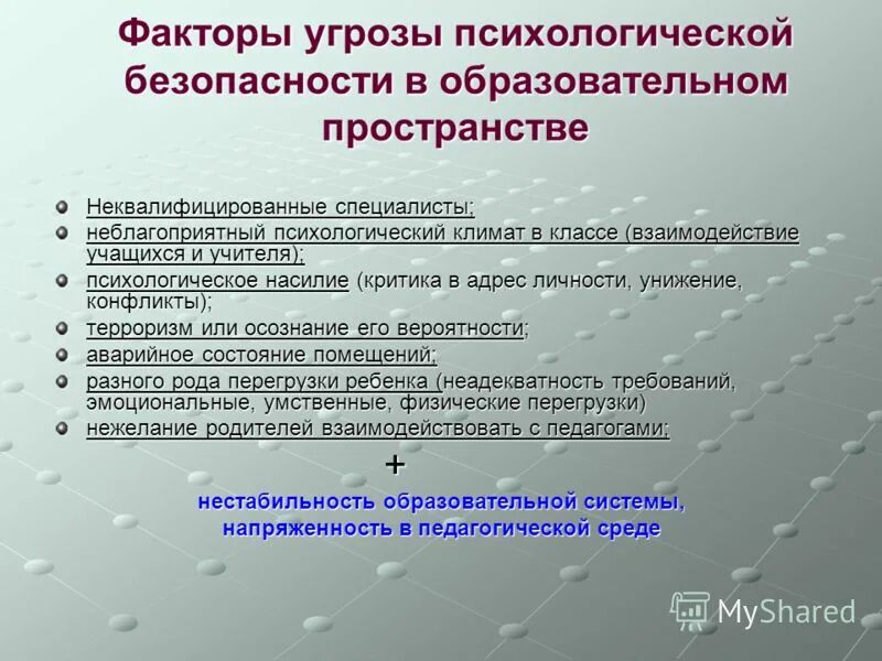 Нарушения психологической безопасности. Факторы угроз. Факторы угроз психологической безопасности. Школьные факторы угрозы. Угрозы психологической безопасности личности.