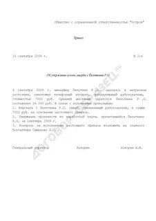 Распоряжение о взыскании суммы причиненного ущерба