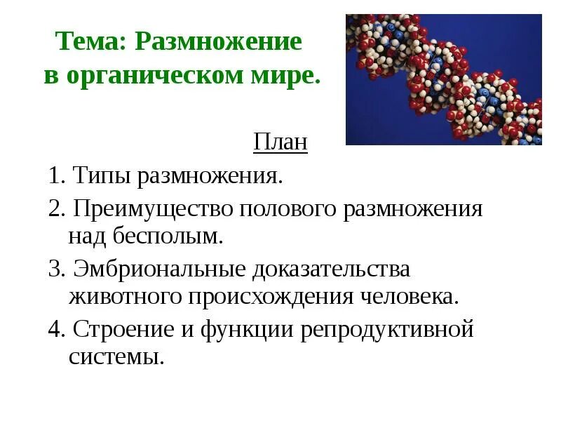 Размножение в органическом мире. Способы размножения в органическом мире. Преимущества полового размножения. Тема размножение человека.