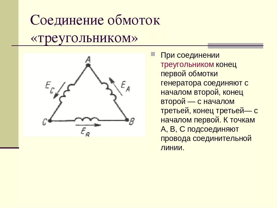 Подключение обмоток генератора. Схема соединения обмотки генератора. соединение обмоток генератора треугольником.