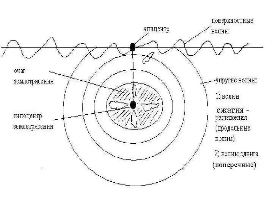 Строение землетрясения. Схема распространения сейсмических волн. схема распространения землетрясения. сейсмические волны землетрясения. структура землетрясения.