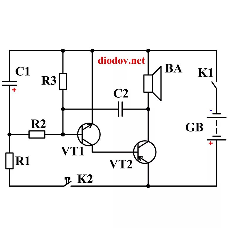 Простые схемы для радиолюбителей. Схема двухтональной сирены на транзисторах. Схема простой сирены на двух транзисторах. Эл схема сирены 12в. Мультивибратор низкой частоты на транзисторах.