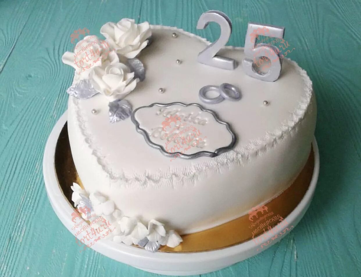 25th anniversary cake with silver leaf and silver roses Silver wedding anniversa