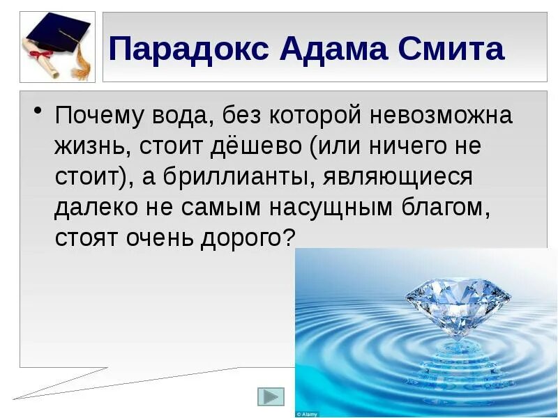 Почему вода не имеет. Парадокс Смита. Парадокс Адама Смита. Парадокс вода и бриллианты. Парадокс Адама Смита вода и бриллианты.