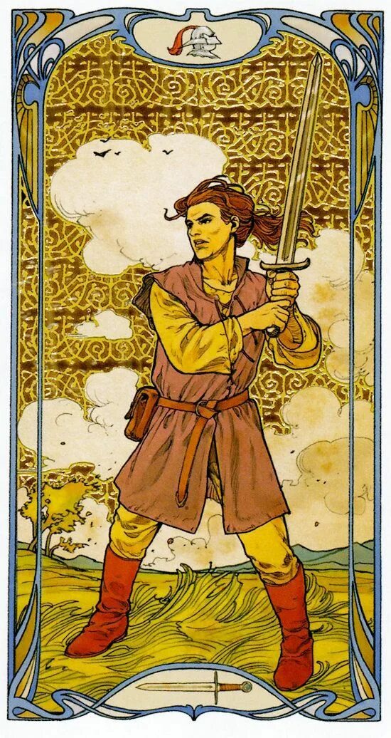 Что значат пажи в таро. Золотое Таро Уэйт арт-нуво Golden Art nouveau Tarot. Паж мечей Таро Уэйта. Паж мечей золотое Таро. Паж мечей Таро.