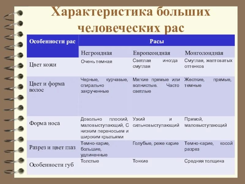 Признаки основных человеческих рас