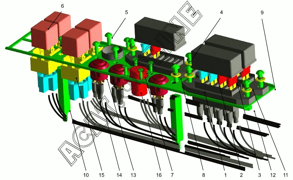 Панель реле и предохранителей маз 5440. Панель реле. Center instrument panel relay box. 34. Коммутация реле finder 95.