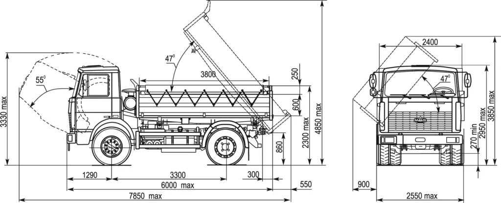 Маз расстояние. Габариты МАЗ 5551 самосвал. МАЗ 5551 габариты. Габариты кузова МАЗ 5551. Размеры кузова МАЗ 5551.