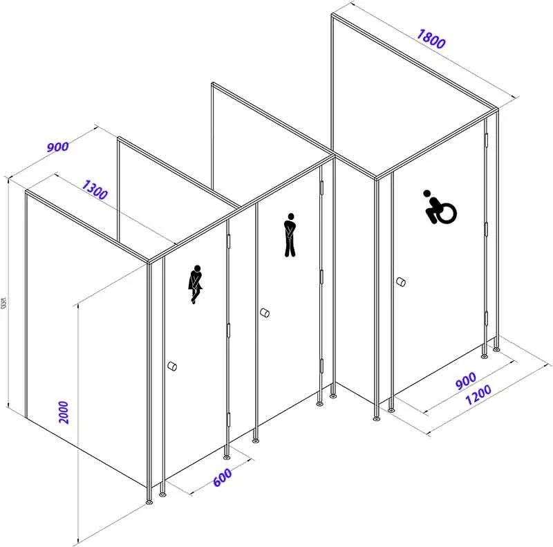 Кабинки санузел двери чертеж. Толщина перегородки кабинки для санузлов. Схема установки сантехнических перегородок. Сантех кабина габариты толщина стен.