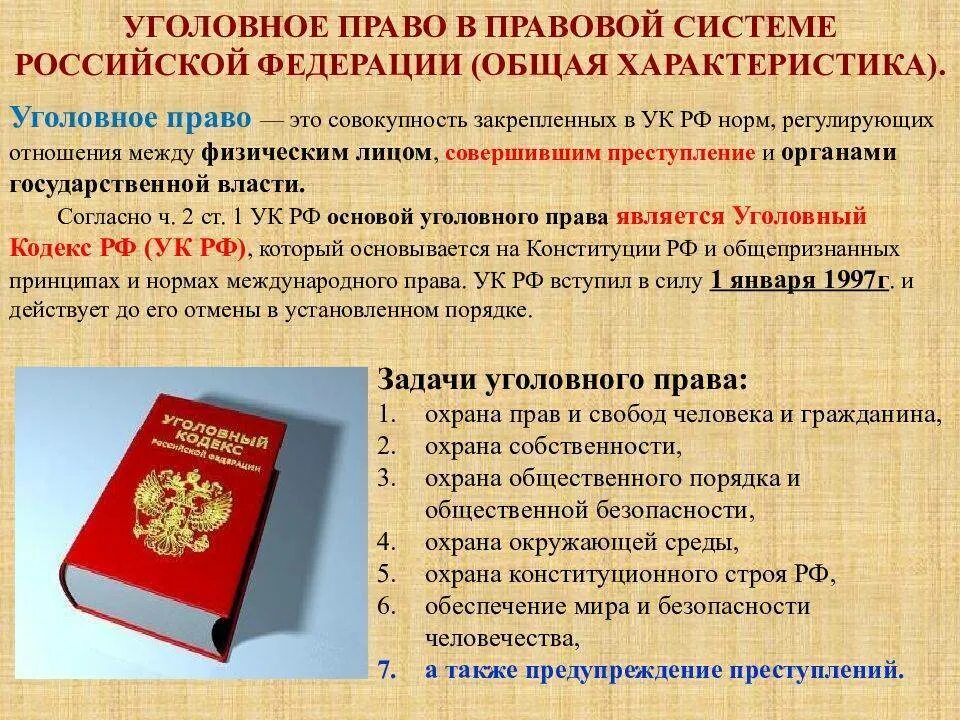 Уголовное право характеристика. Действующий ук рф действует с