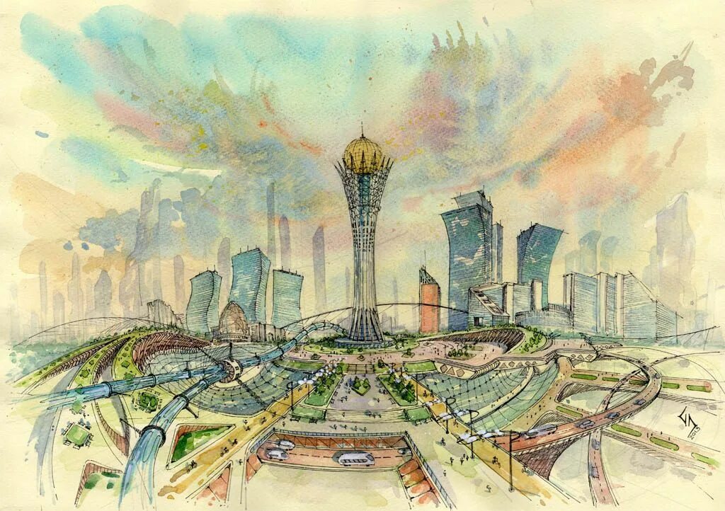 Астана Байтерек город будущего. Астана Байтерек акварель. Эскиз города будущего. Город будущего рисунок. Каким я вижу свое будущее