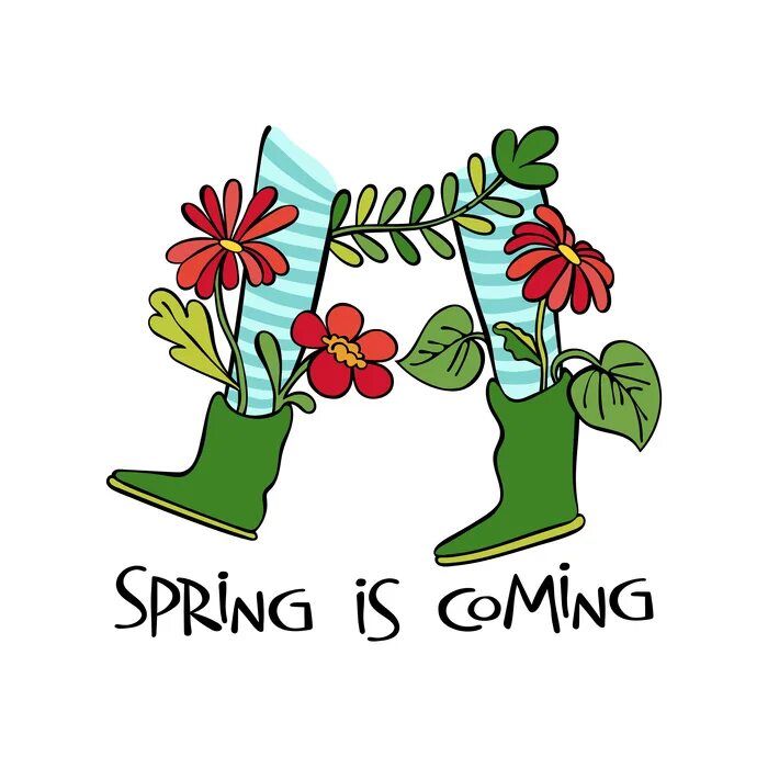 Spring to come. Spring is coming. spring is coming soon. сапог с цветами вектор. растение в ботинке рисунок.
