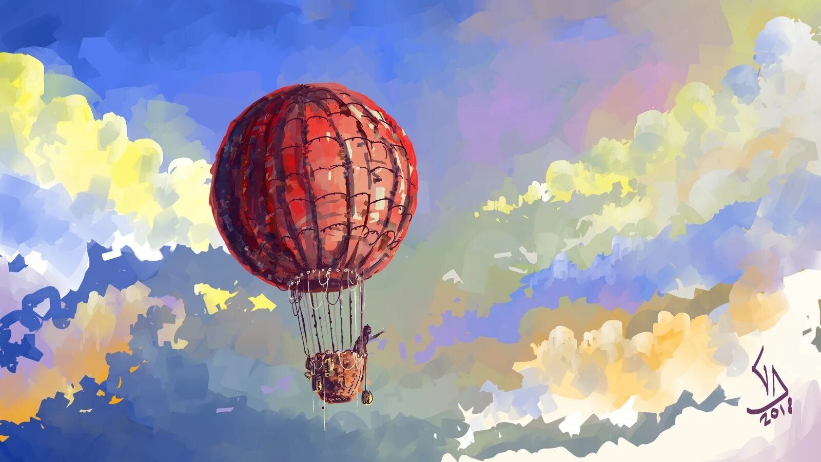 Воздушный шар в небе. Воздушный шар арт. Пейзаж с воздушными шарами. Шар воздушный с рисунком.