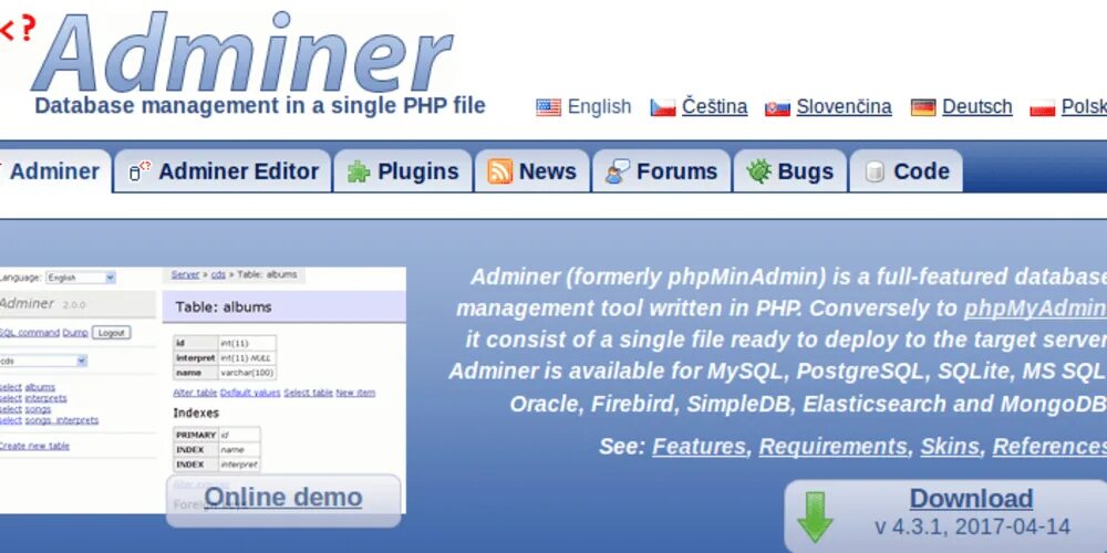 Php download file. Adminer. adminer 4.7.6. php mysql admin. adminer triggers.