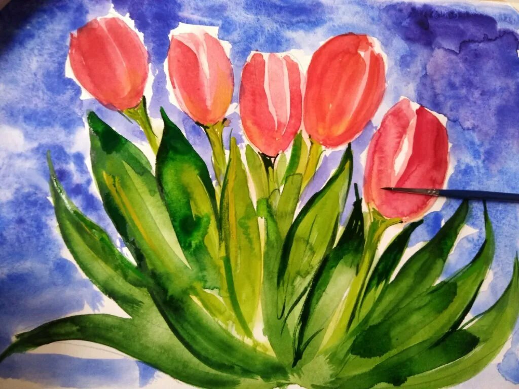 Тюльпаны акварелью. Тюльпаны гуашью. Рисование цветов красками. Рисование весенние цветы. Нарисовать рисунок тюльпаны