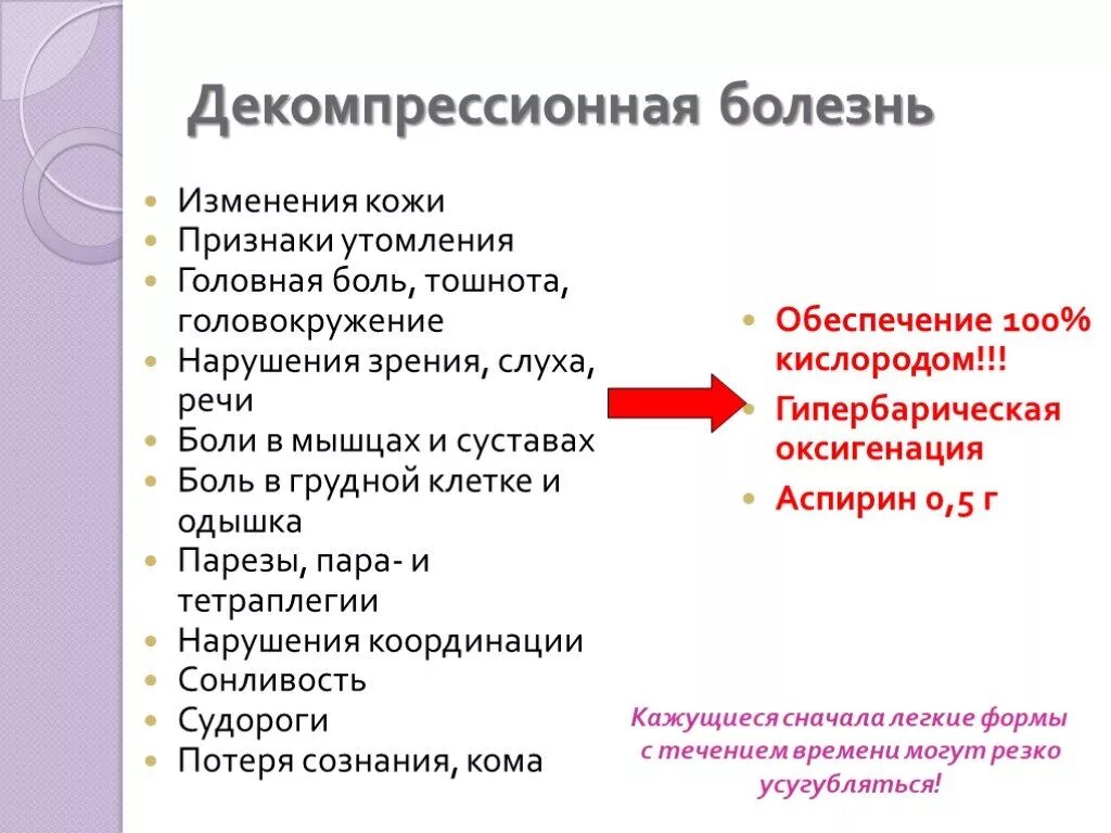 Форме причины причина заболевания. Кессонная болезнь профилактика и терапия. Декомпрессионная болезнь симптомы. Симптомы кессонной болезни основные. Декомпрессионная болезнь причины.