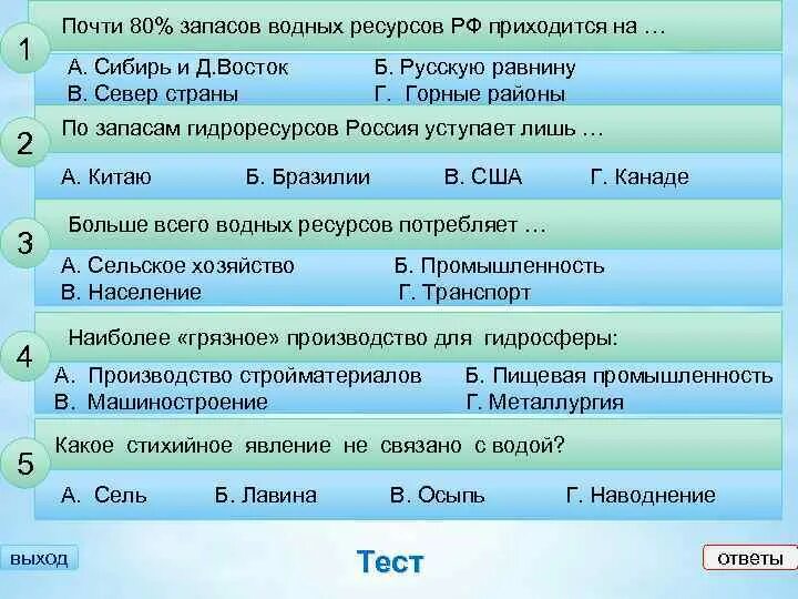 Используемые ресурсы тест. Почти 80 запасов водных ресурсов рф приходится на. сколько процентов территории россии занимают болота. тесты по теме водные ресурсы. тест на тему водные ресурсы.