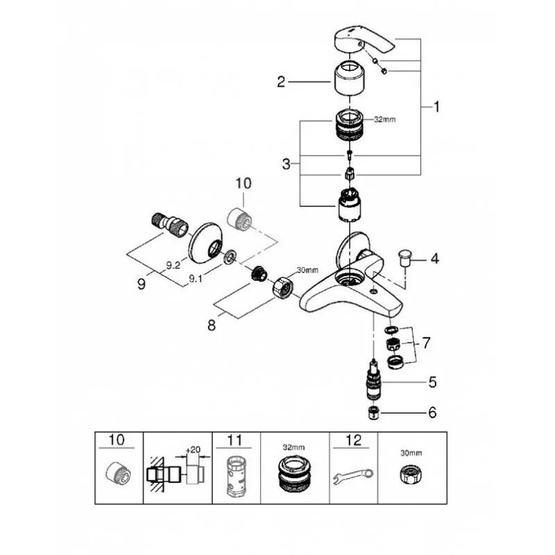 Ремонт душа grohe. Смеситель Grohe Eurosmart 33300002. Смеситель для ванны Grohe 33300002. Схема разобрать смеситель Грое. Смеситель для ванны Grohe разобрать.