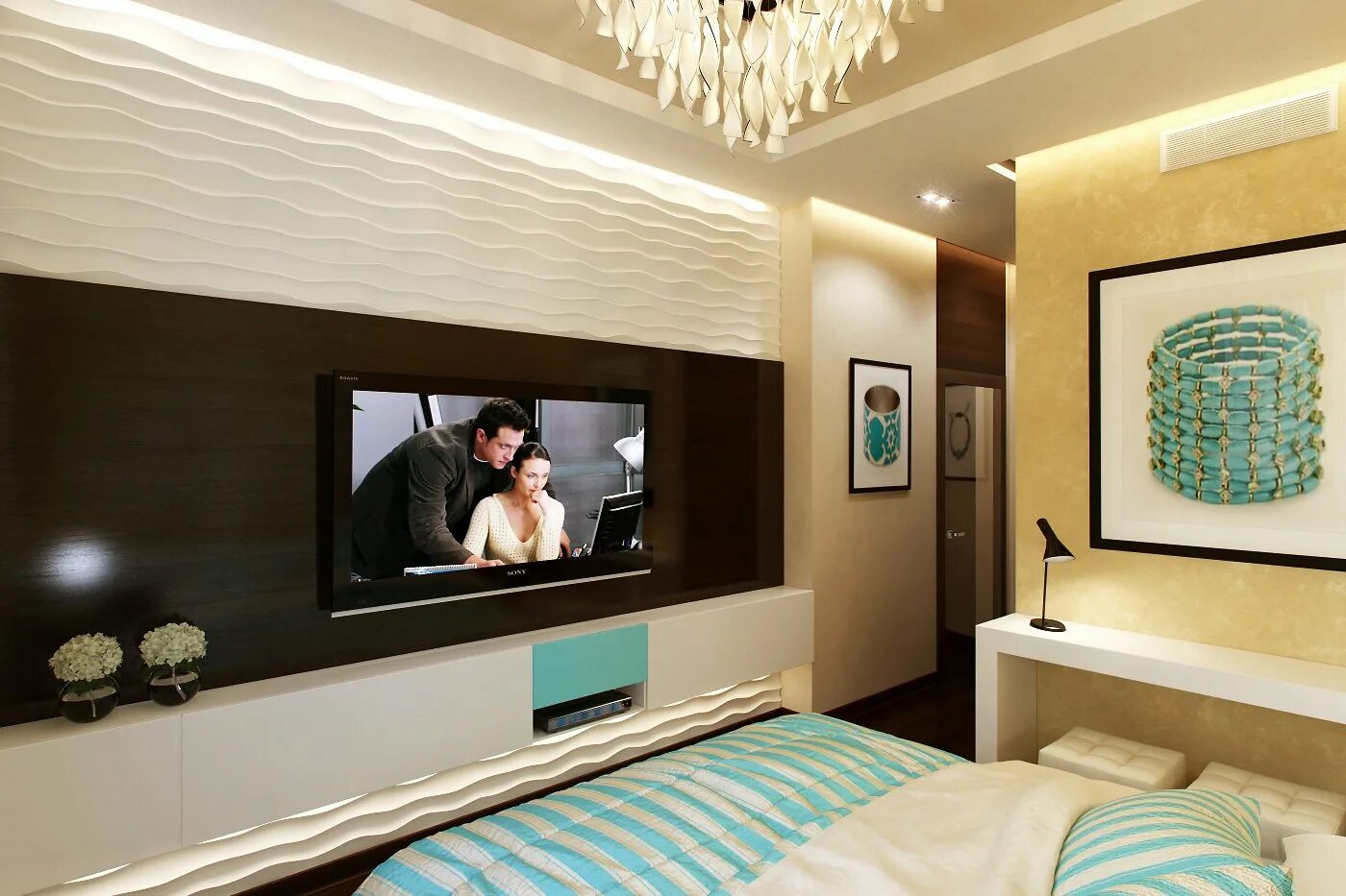 Телевизор перед кроватью. Телевизор на стене. Телевизор в спальне. Телевизор в спальне на стене. Телевизор в интерьере.
