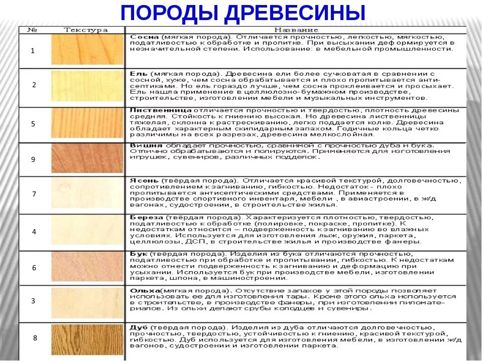 Плотный подобрать. Образцы пород древесины название и свойства. Таблица образцы пород древесины. Свойства разных пород древесины таблица. Характеристики основных древесных пород.