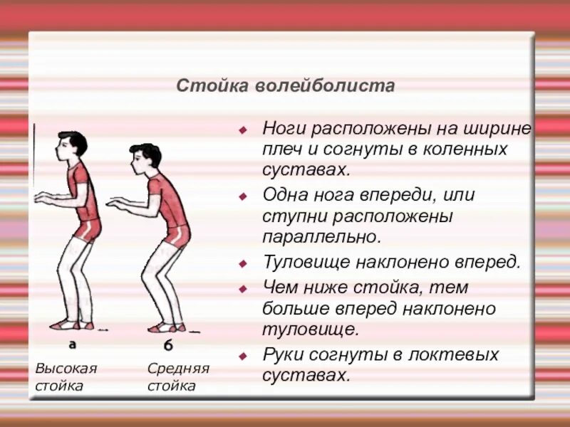 Чем отличается высокая. Высокая стойка волейболиста. Низкая стойка волейболиста. Стойка ноги на ширине ступни. Стойки высокая средняя низкая.