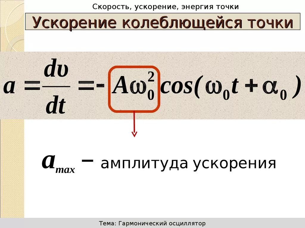 Формула скорости через колебания. Уравнение ускорения колеблющейся точки. Максимальное ускорение формула. Скорость колеблющейся точки. Скорость колеблющейся точки формула.