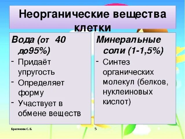 Перечислите неорганические вещества клетки