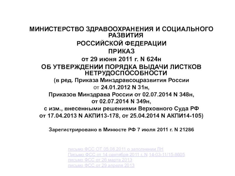 Изменения приказа 624. Приказ об утверждении порядка выдачи листков нетрудоспособности. Приказ 624н от 29.06.11. Министерство здравоохранения и социального развития РФ. Приказ Минздравсоцразвития России от 29.06.2011 624н.