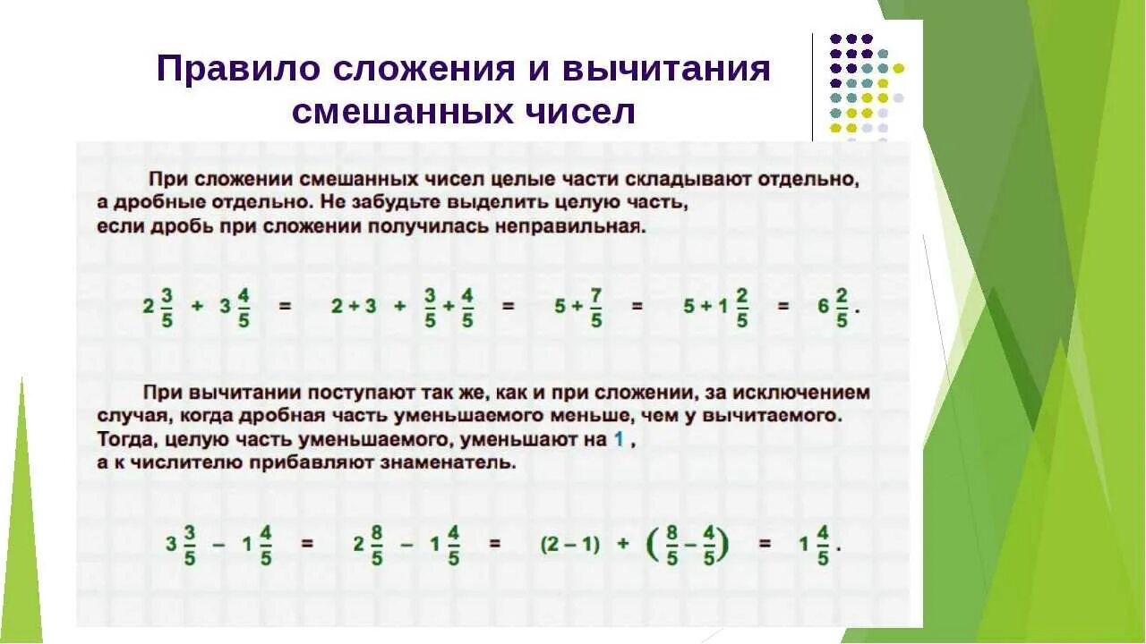 Сложение и вычитание смешанных дробей правило. Сложение и вычитание дробей смешанные числа. Правило сложения дробей смешанных чисел. Математика 5 класс тема сложение и вычитание смешанных чисел.