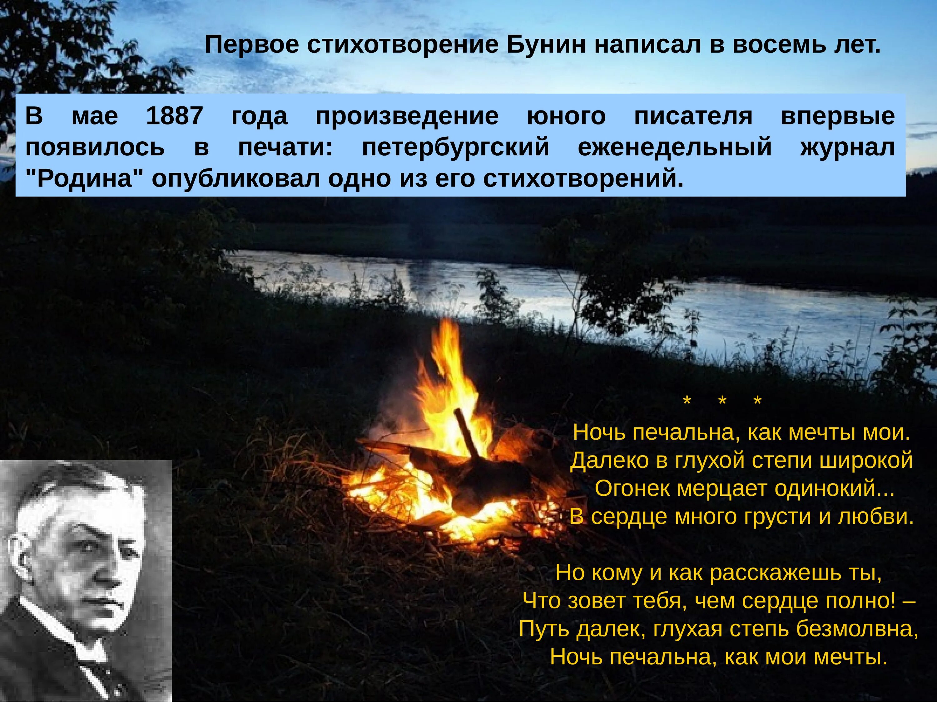 Произведение ночь 1. Первое стихотворение Бунина в 8 лет. Бунин первое стихотворение. Первые стихи Бунина. Бунин ночь стихотворение.