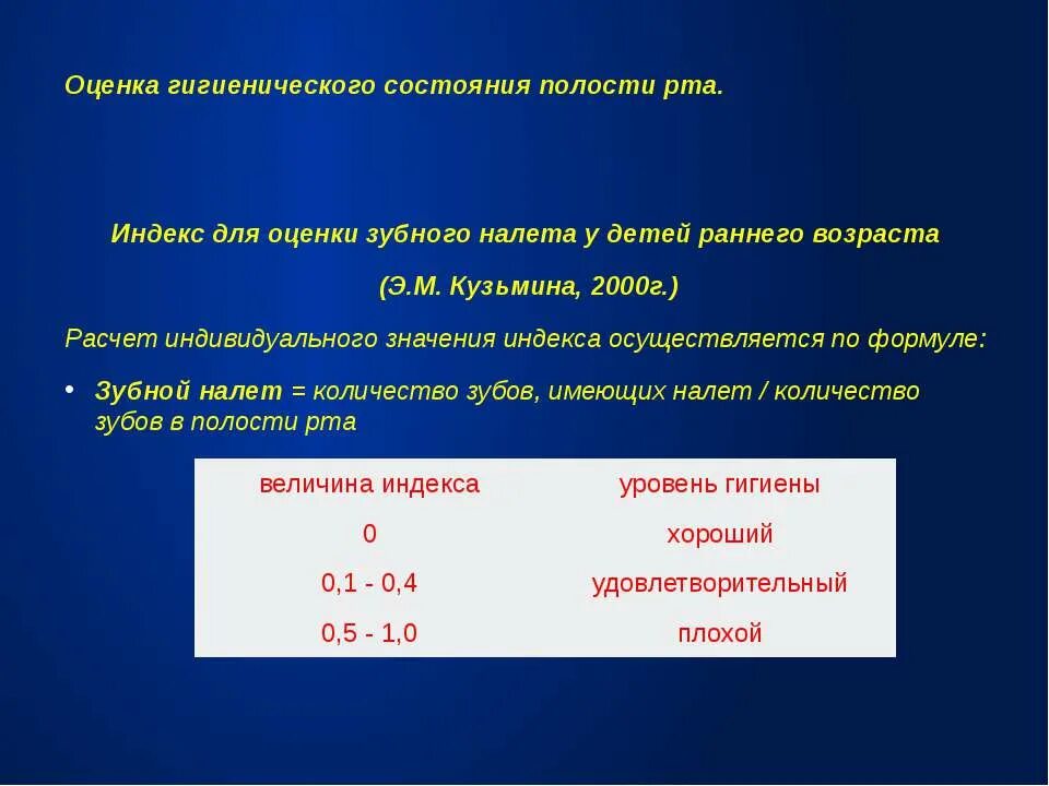 Гигиена рта состояние рта. Индексы для оценки гигиенического состояния полости рта. Индекс оценки зубного налета у детей раннего возраста Кузьмина. Индекс для оценки зубного налета у детей раннего возраста. Индексы гигиены полости рта Кузьминой.