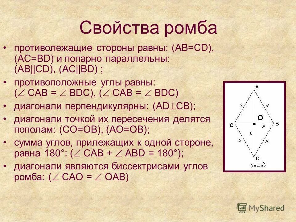 Суммы противолежащих сторон равны. Свойства ромба. Свойства сторон ромба. Свойства диагоналей ромба. Свойства углов ромба.