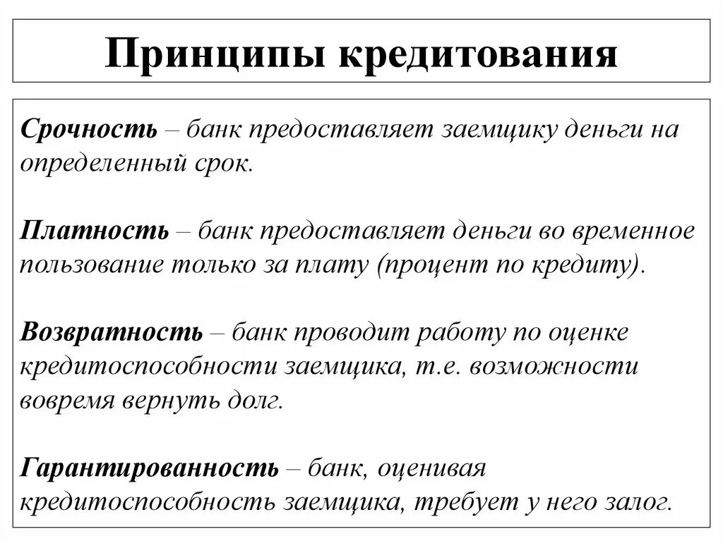 Экономика условия кредита. Раскройте сущность принципов кредитования. Принципы банковского кредитования срочность. Принцип платности кредитования. Перечислите принципы кредита.