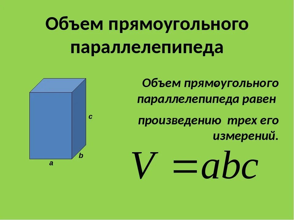 Формула площади прямоугольного параллелепипеда. Формула измерения объема прямоугольного параллелепипеда. Формула нахождения объема параллелепипеда. Формула объёма прямоугольного параллелепипеда 5 класс. Формула нахождения объема прямоугольного параллелепипеда 5 класс.