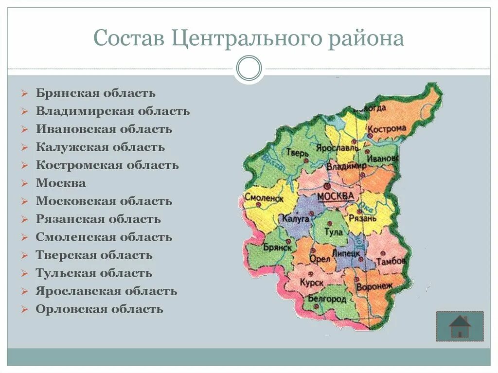 Центральная россия самое главное. Субъекты центрального района центральной России. Субъекты центрального экономического района. Центральный экономический район состав района. Состав центрального района центральной России.