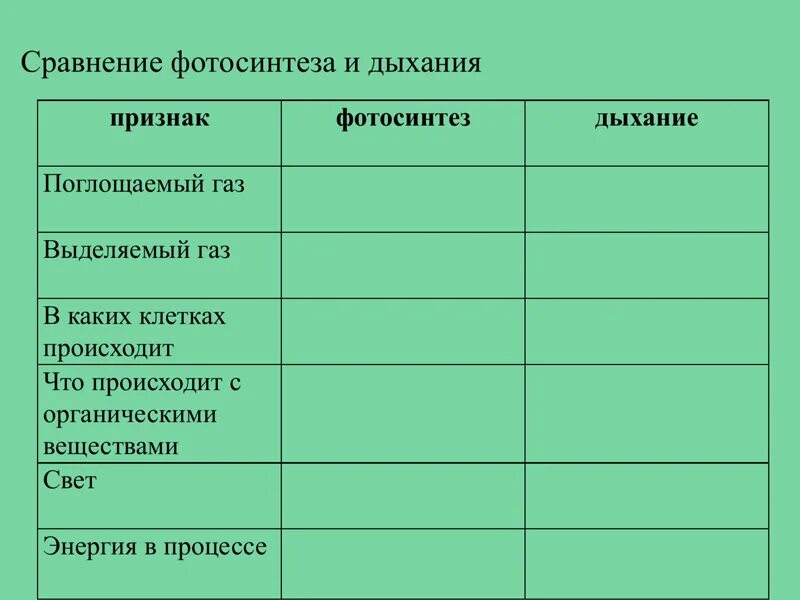 Таблица сравнение дыхания. Таблица по биологии фотосинтез и дыхание. Сравнение дыхания и фотосинтеза таблица. Таблица сходства и различия фотосинтеза и дыхания. Взаимосвязь дыхания и фотосинтеза таблица.