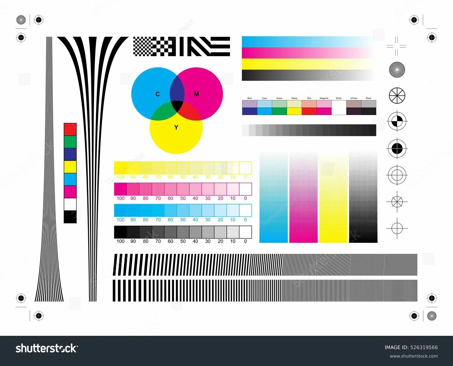 Тестовое изображение для печати. Тестовая печать для CMYK принтера. Калибровочный лист для принтера. Типографские метки для печати. Mark colour