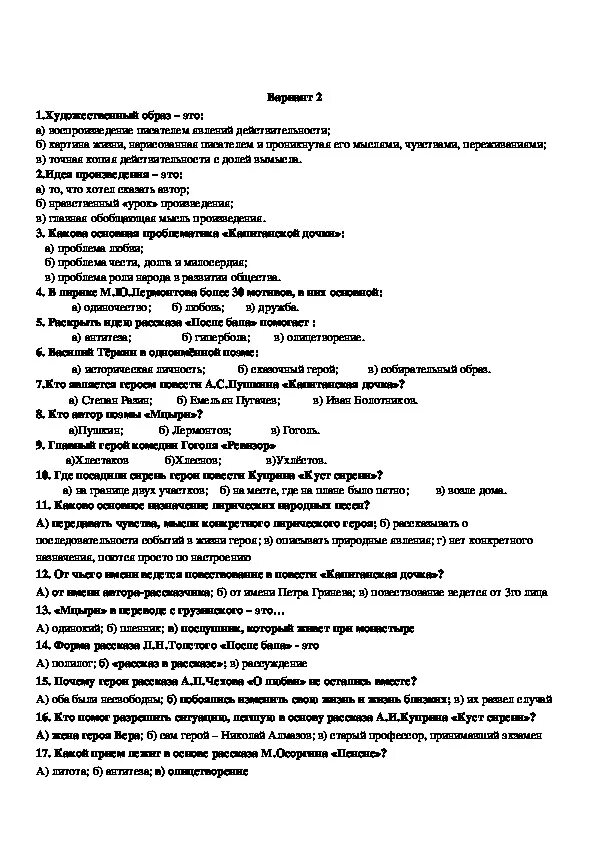 Годовая контрольная работа по литературе 8 класс