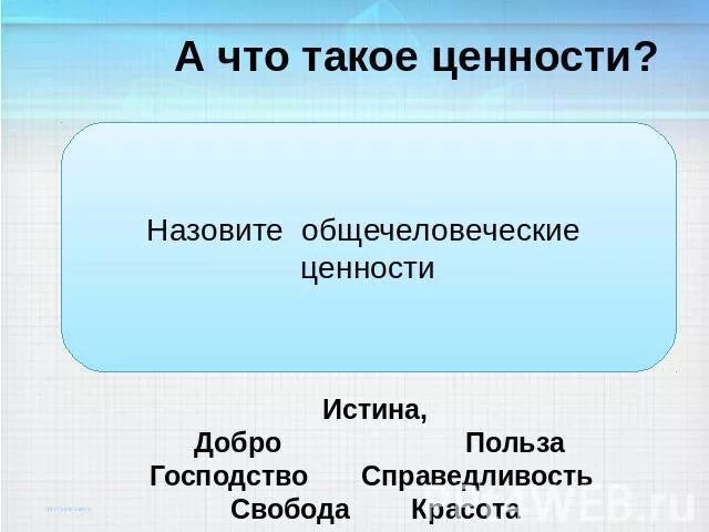 Что такое ценности класса. Истина как общечеловеческая ценность. подготовь рассказ о любой общечеловеческой ценности. что принято называть ценностью.
