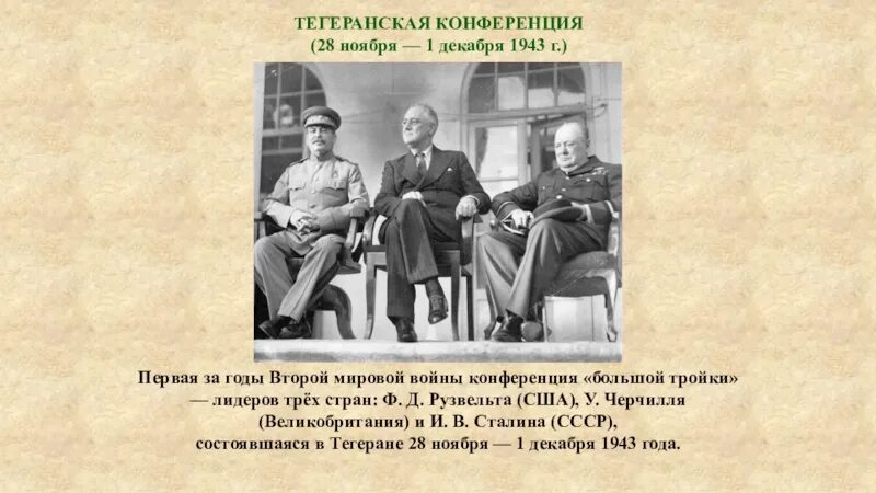 Тегеранская конференция (28 ноября – 1 декабря 1943 г.). Большая тройка на Тегеранской конференции. Тегеранская конференция второй мировой войны. Большая тройка в Тегеране 1943.