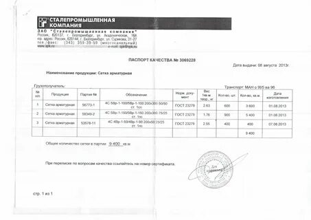 Сертификат сетка кладочная 50х50