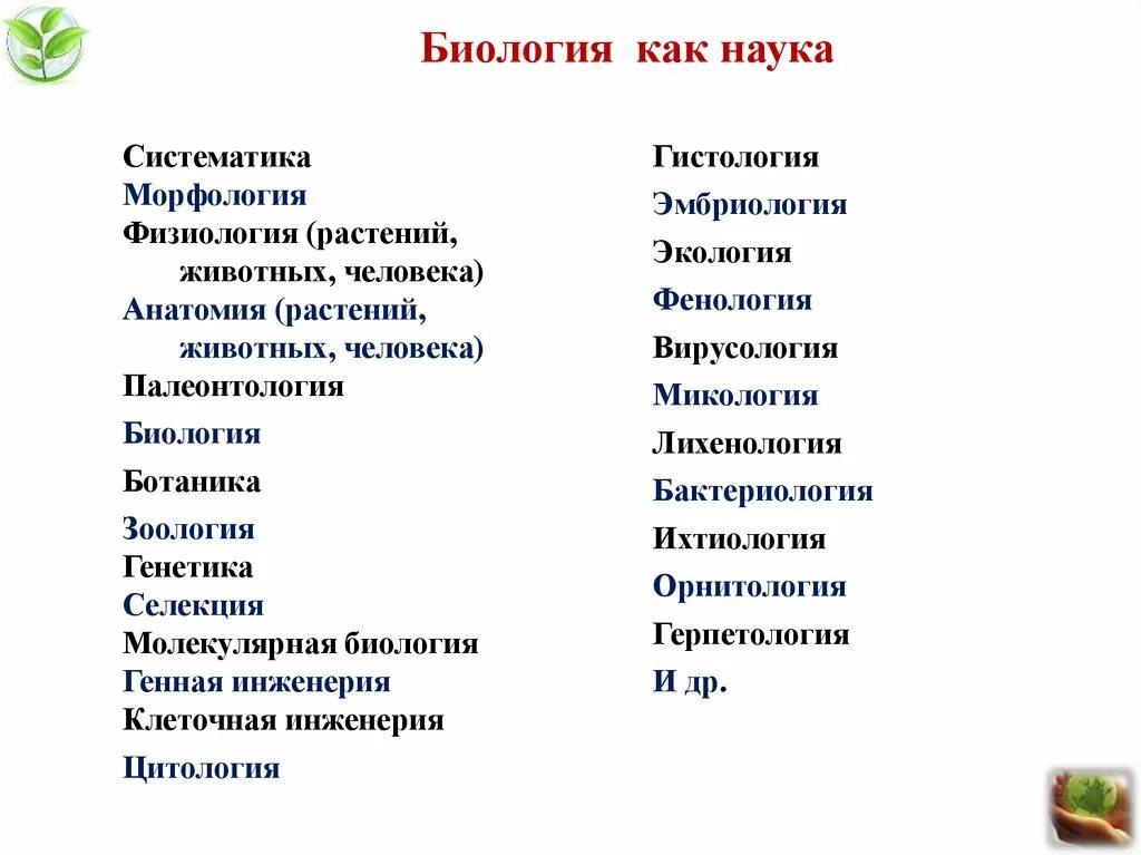 Какие науки бывают в биологии. Биологические науки 5 класс таблица. Биология как наука. Названия наук в биологии. Дисциплины биологии.