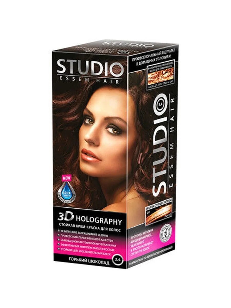 Studio professional 3d. Стойкая крем-краска д/в &quot;студио&quot; тон 3.4 горький шоколад, (50/50/15 мл).12. краска studio горький шоколад 3.4. studio 3d golografic краска для волос 3.4 горький шоколад 50/50/15мл, 1 шт. крем-краска для волос 3 d голографик 3.4 горький шоколад.