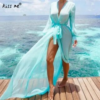 23.47US $ |Deep V Female Long Cardigan with Belt Blue Beach Cover Up Women&...